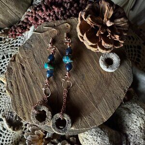 Turquoise Serpentine and Iolite with Crinoid Dangle Earrings (Rose Gold)